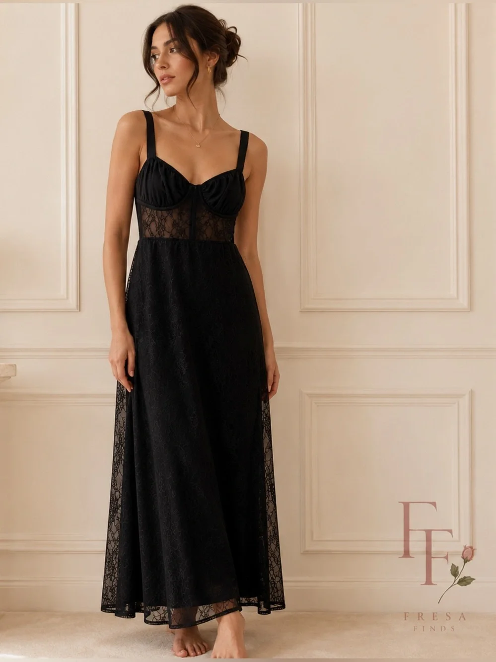Danielle Bernstein WeWoreWhat Black Lace Sheer Corset Maxi Dress XS